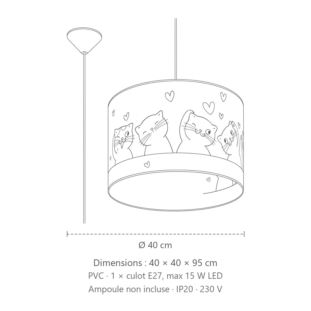 Dimensions : suspension chambre d’enfant motif chatons (Ø 40 cm), 40 × 40 × 95 cm