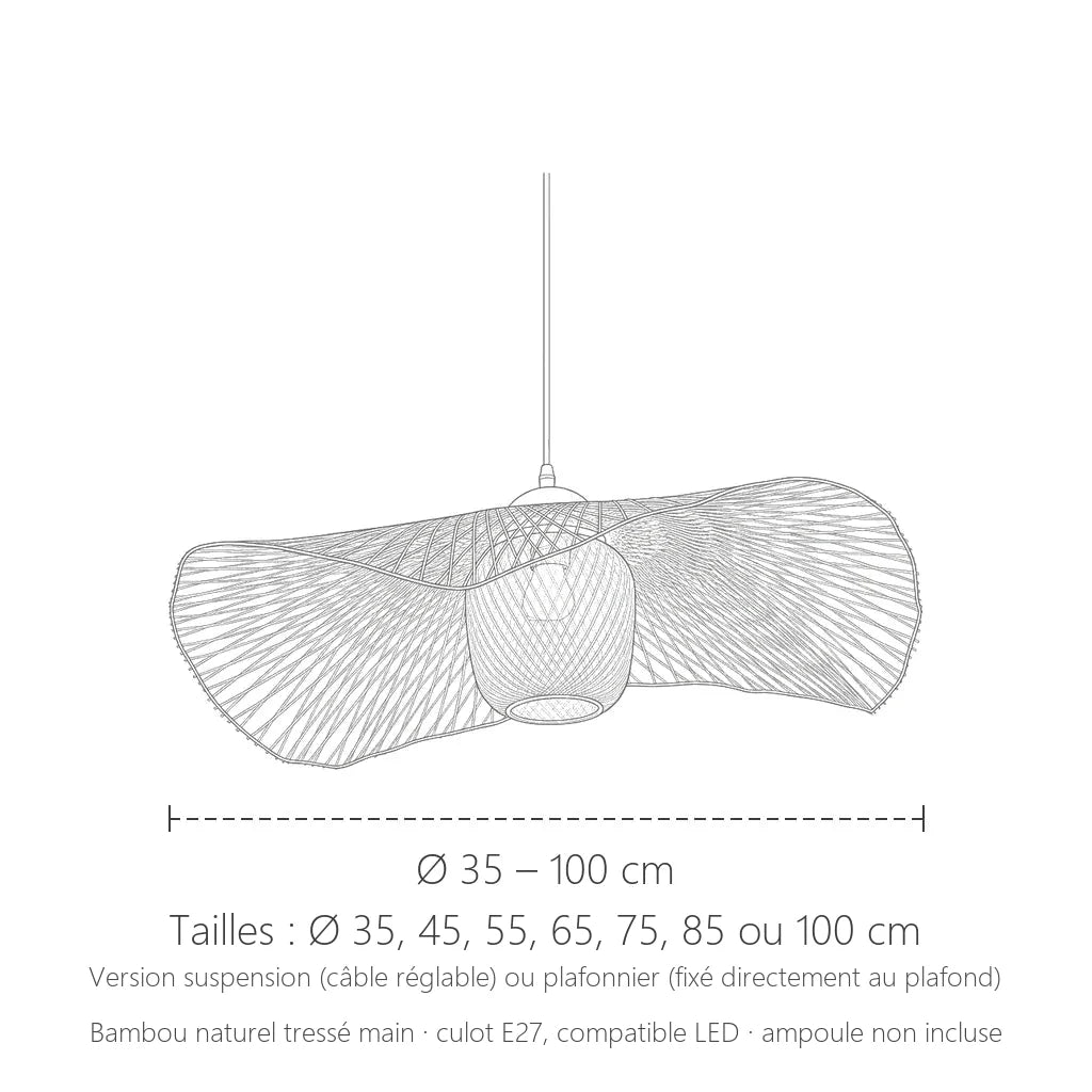 Dimensions de la suspension chapeau en bambou : Ø 35 à 100 cm