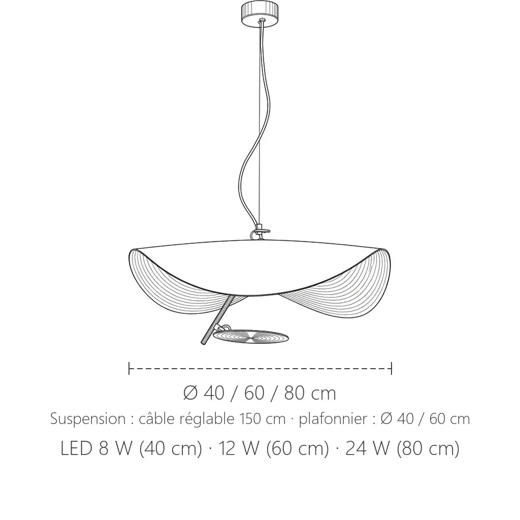 Dimensions de la suspension chapeau feuille d’or : Ø 40, 60 ou 80 cm