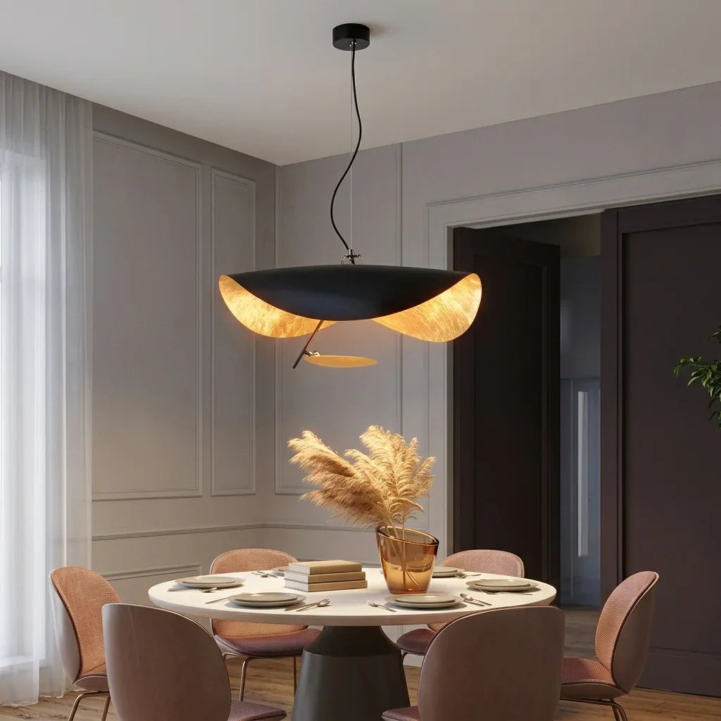 Suspension chapeau noire au-dessus d’une table ronde