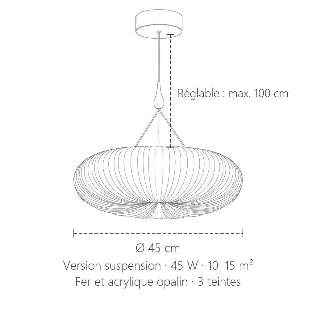 Dimensions de la suspension citrouille : Ø 45 cm, réglable jusqu’à 100 cm