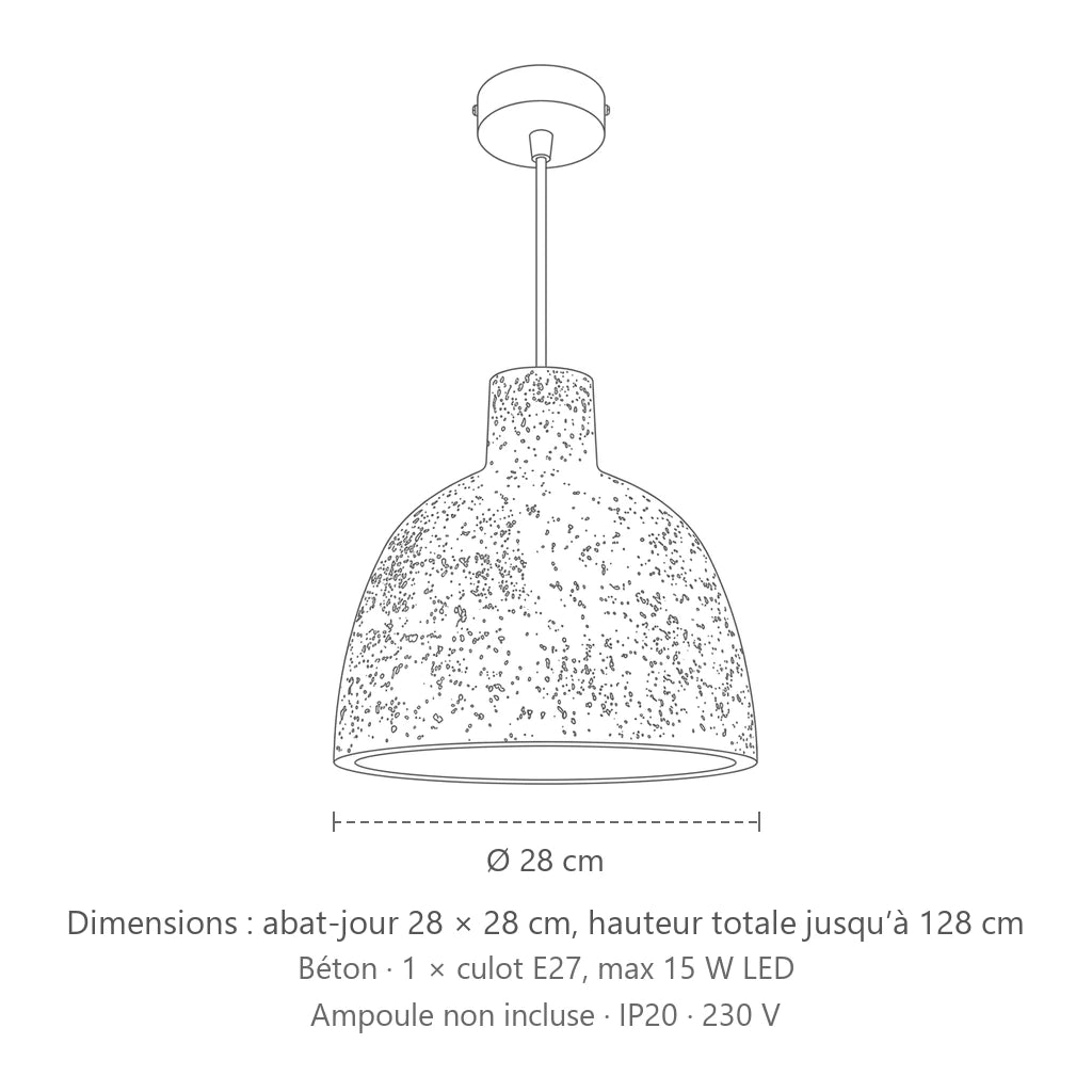 Dimensions : suspension cloche en béton gris, abat-jour 28 × 28 cm, hauteur totale jusqu’à 128 cm