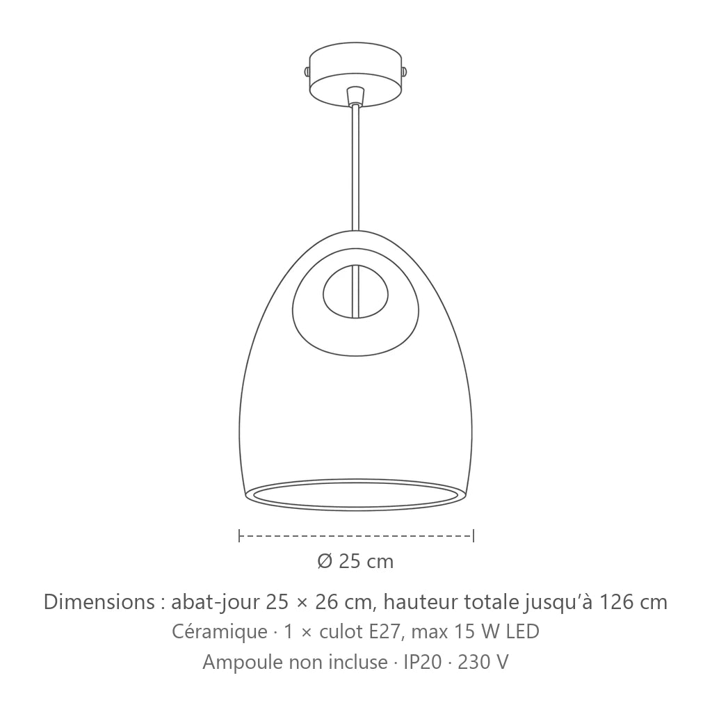 Dimensions : suspension cloche en céramique blanche à poignée, abat-jour 25 × 26 cm, hauteur totale jusqu’à 126 cm