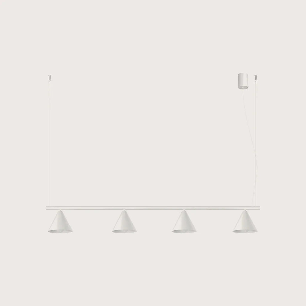 Suspension cône en acier, coloris blanc (4 lumières – barre 122 cm)