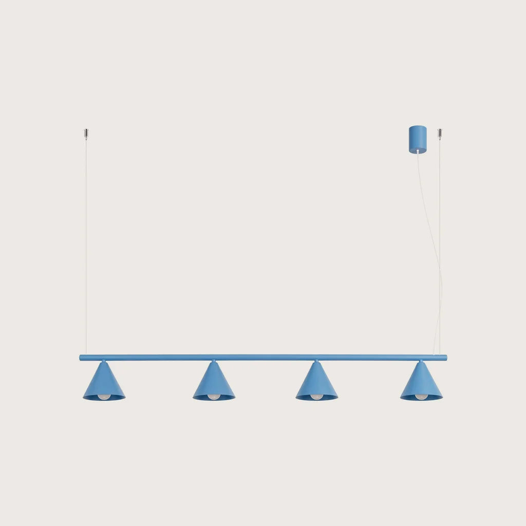 Suspension cône en acier, coloris bleu clair (4 lumières – barre 122 cm)