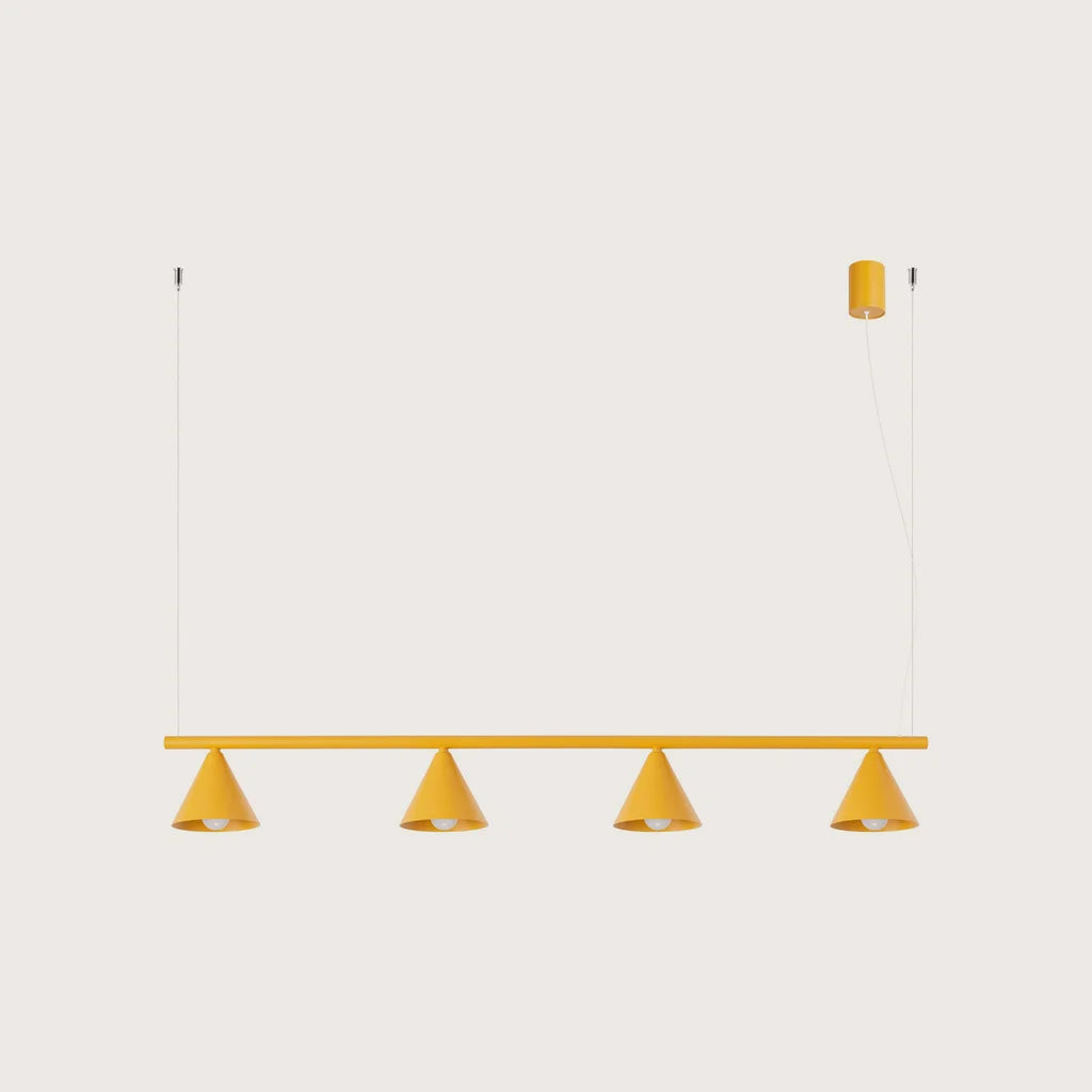 Suspension cône en acier, coloris jaune (4 lumières – barre 122 cm)