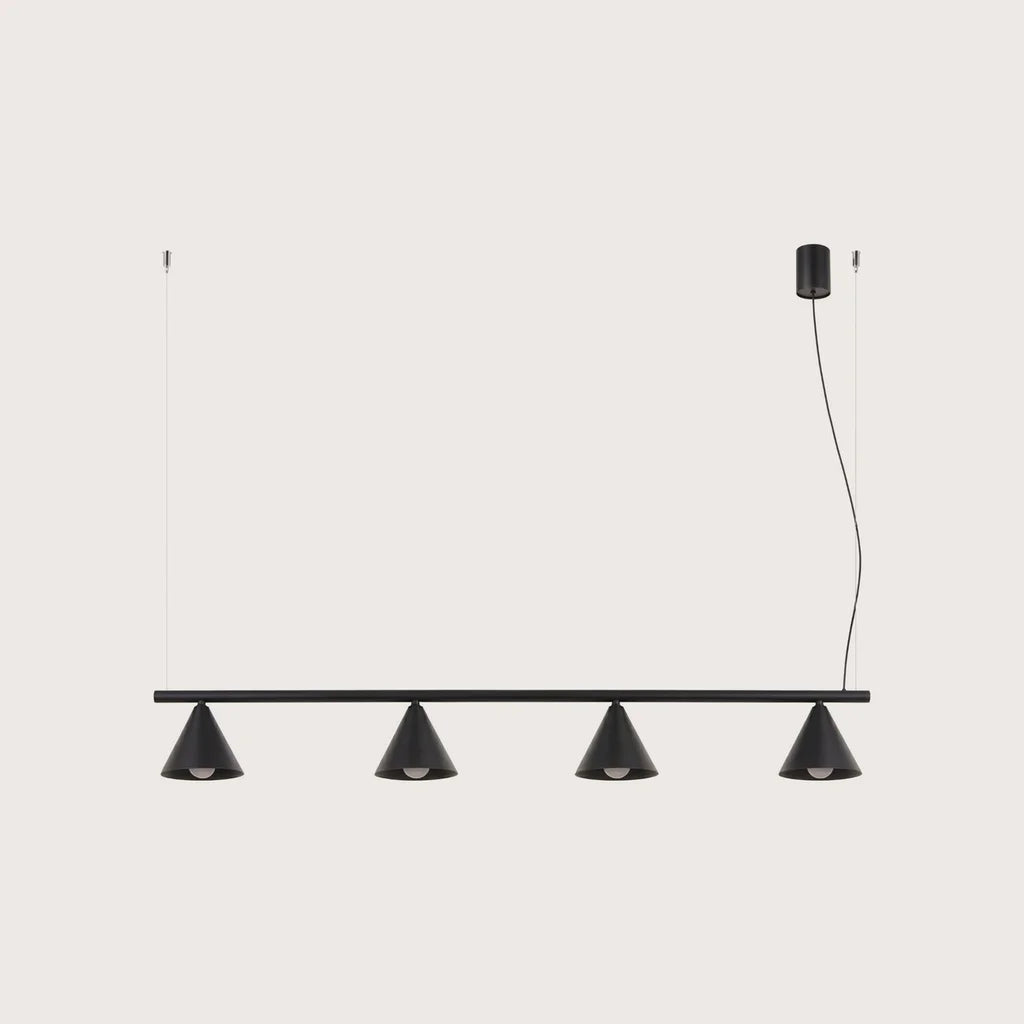 Suspension cône en acier, coloris noir (4 lumières – barre 122 cm)