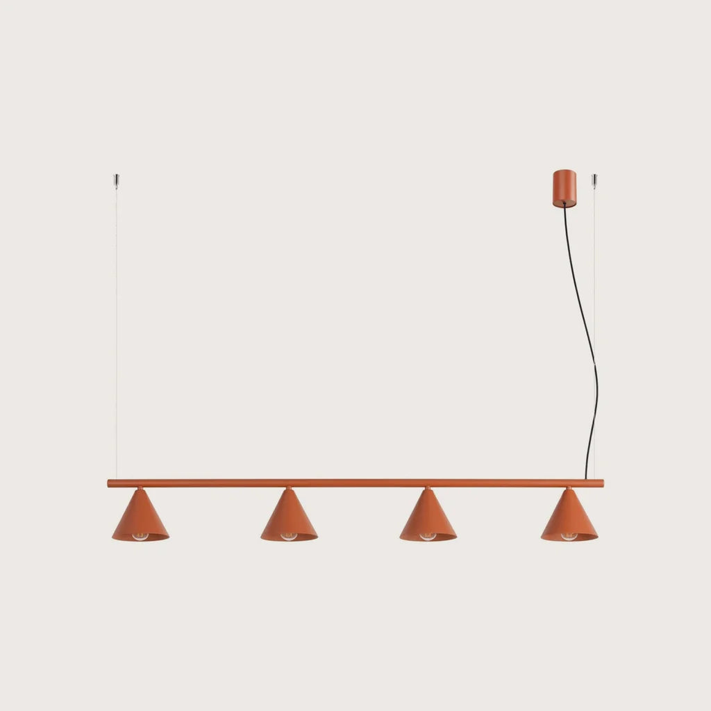 Suspension cône en acier, coloris ocre rouge (4 lumières – barre 122 cm)