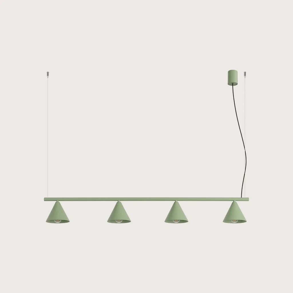 Suspension cône en acier, coloris sauge (4 lumières – barre 122 cm)