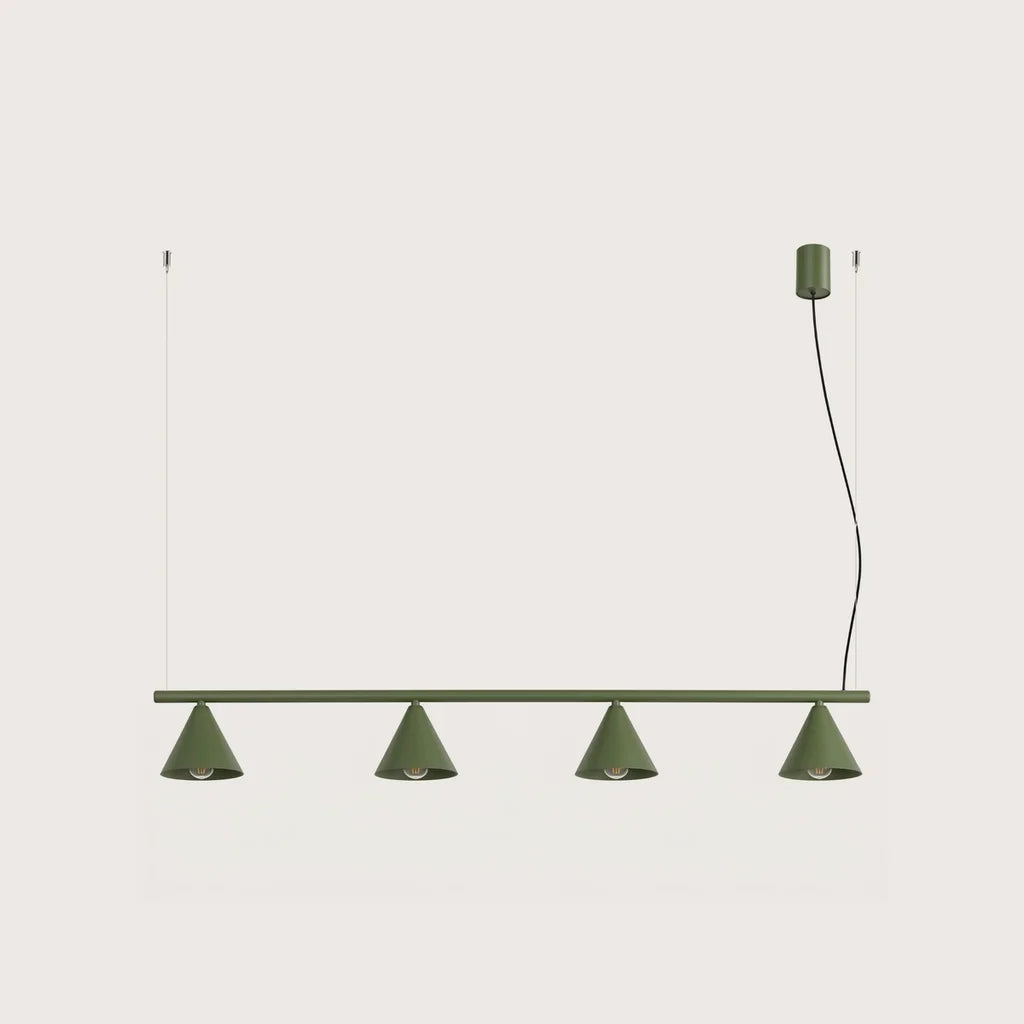 Suspension cône en acier, coloris vert olive (4 lumières – barre 122 cm)