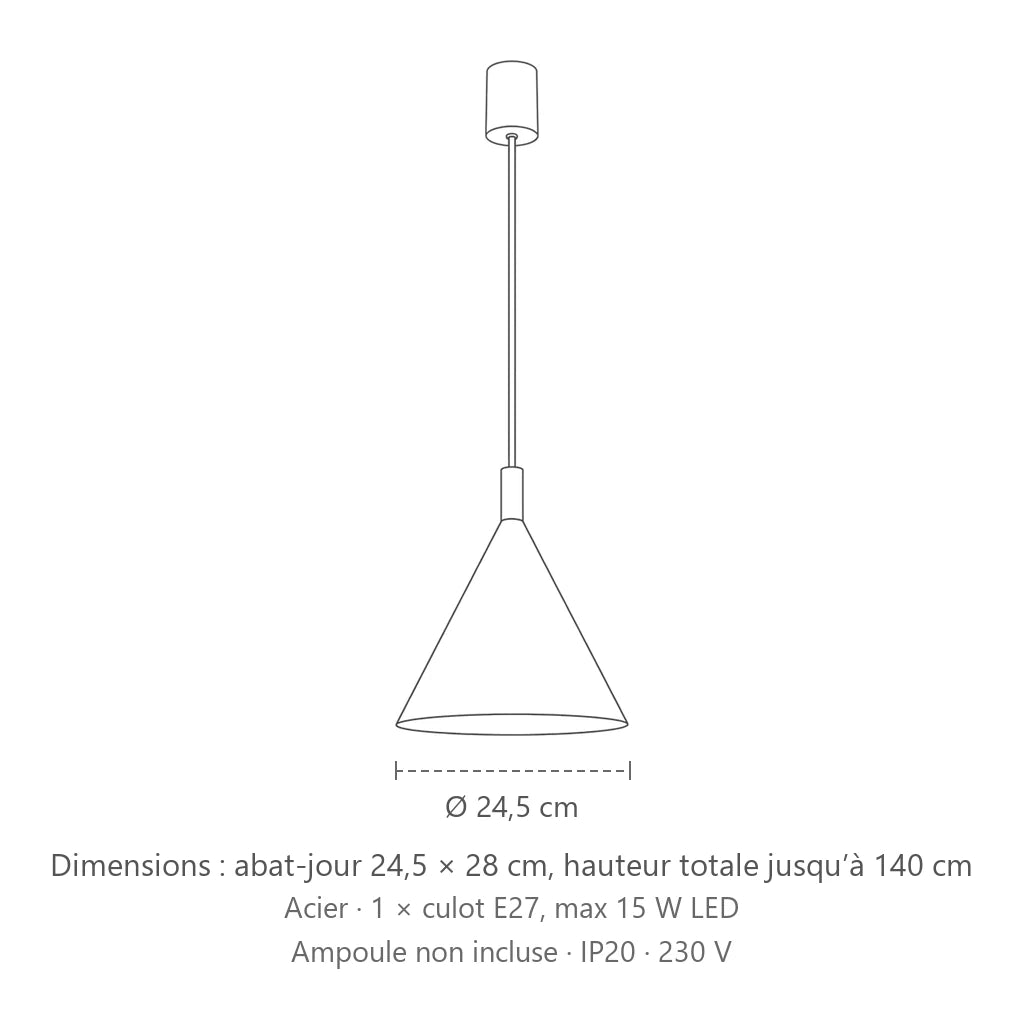 Dimensions : suspension cône en acier (1 lumière – Ø 25 cm), abat-jour 24,5 × 28 cm, hauteur totale jusqu’à 140 cm