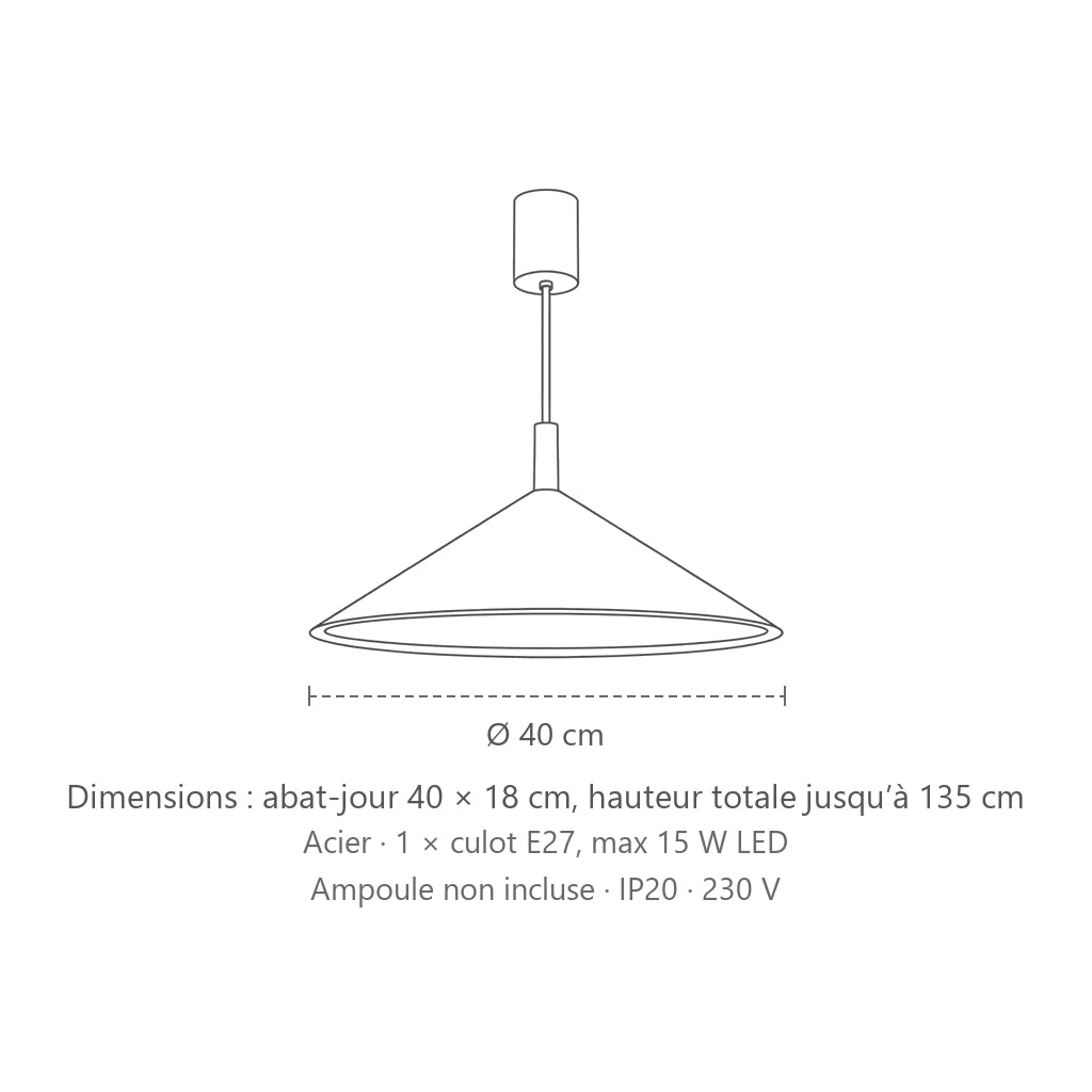 Dimensions : suspension cône en acier (1 lumière – Ø 40 cm), abat-jour 40 × 18 cm, hauteur totale jusqu’à 135 cm