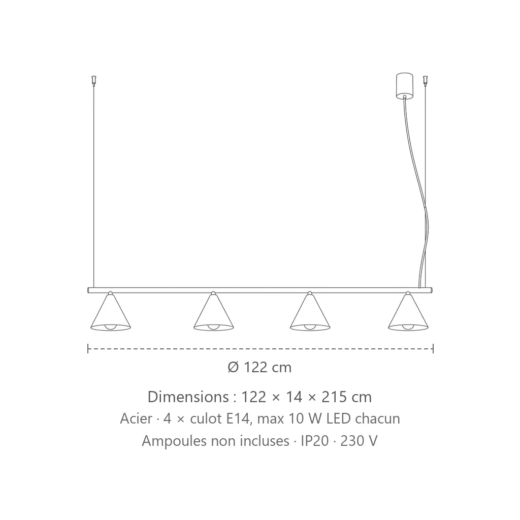 Dimensions : suspension cône en acier (4 lumières – barre 122 cm), 122 × 14 × 215 cm