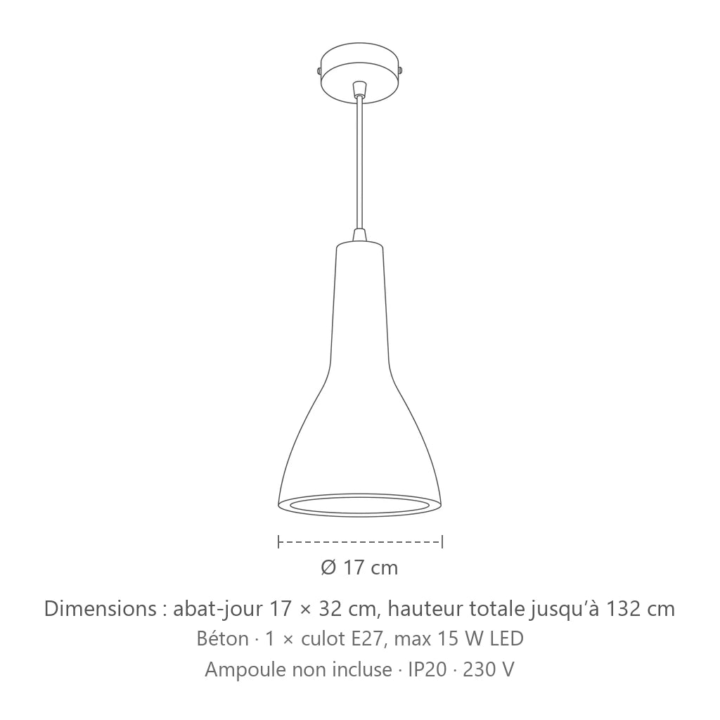 Dimensions : suspension cône en béton gris, abat-jour 17 × 32 cm, hauteur totale jusqu’à 132 cm