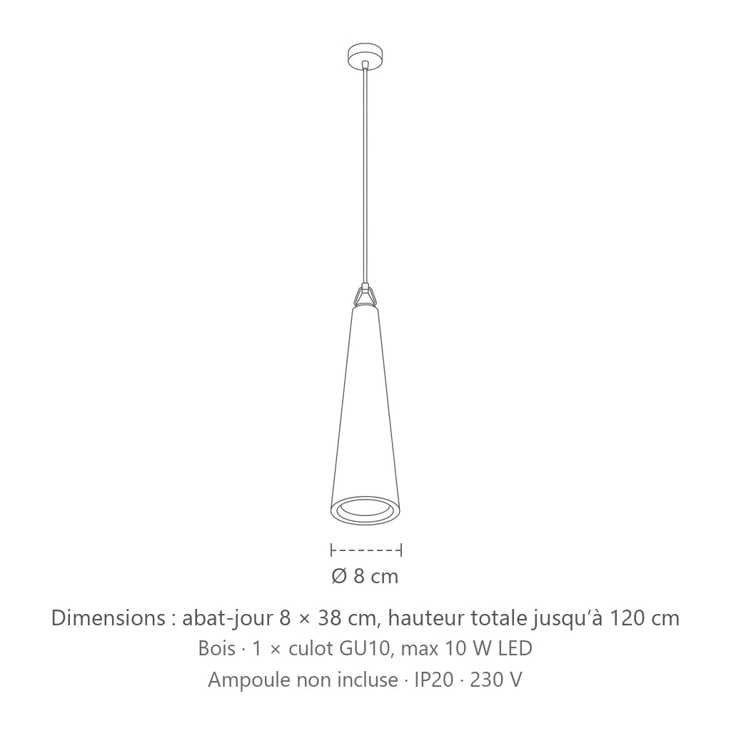 Dimensions : suspension cône effilé en bois naturel, abat-jour 8 × 38 cm, hauteur totale jusqu’à 120 cm