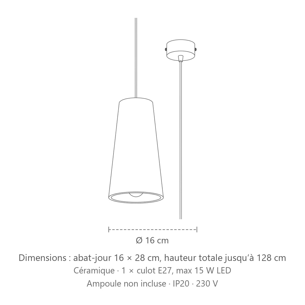 Dimensions : suspension cône évasé en céramique blanche, abat-jour 16 × 28 cm, hauteur totale jusqu’à 128 cm