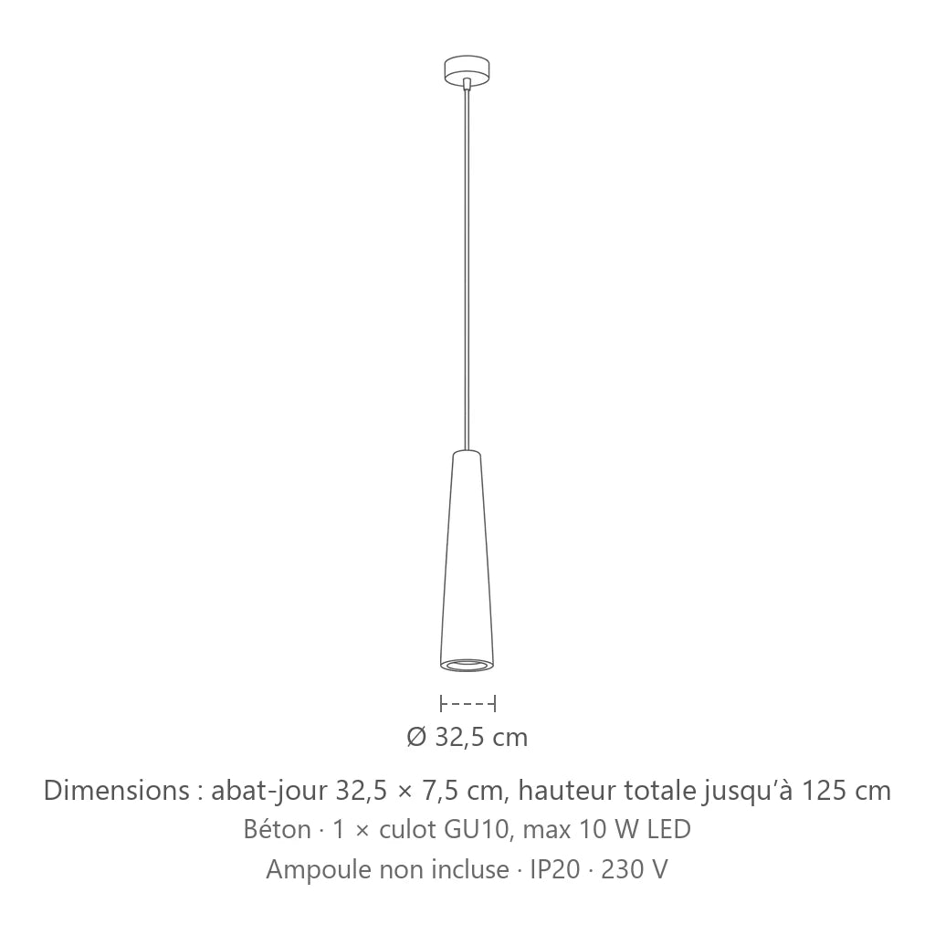 Dimensions : suspension cône fin (Béton), abat-jour 32,5 × 7,5 cm, hauteur totale jusqu’à 125 cm
