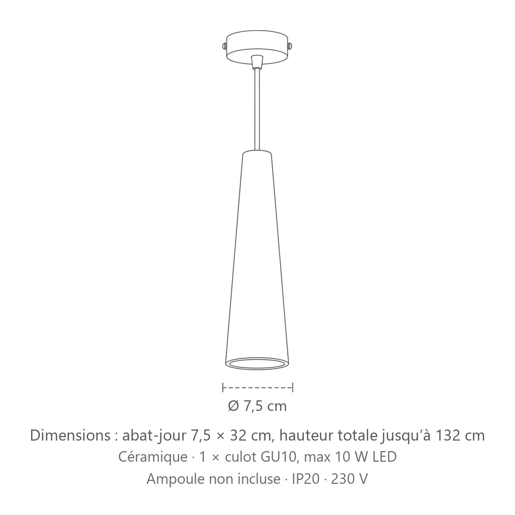 Dimensions : suspension cône fin (Céramique), abat-jour 7,5 × 32 cm, hauteur totale jusqu’à 132 cm