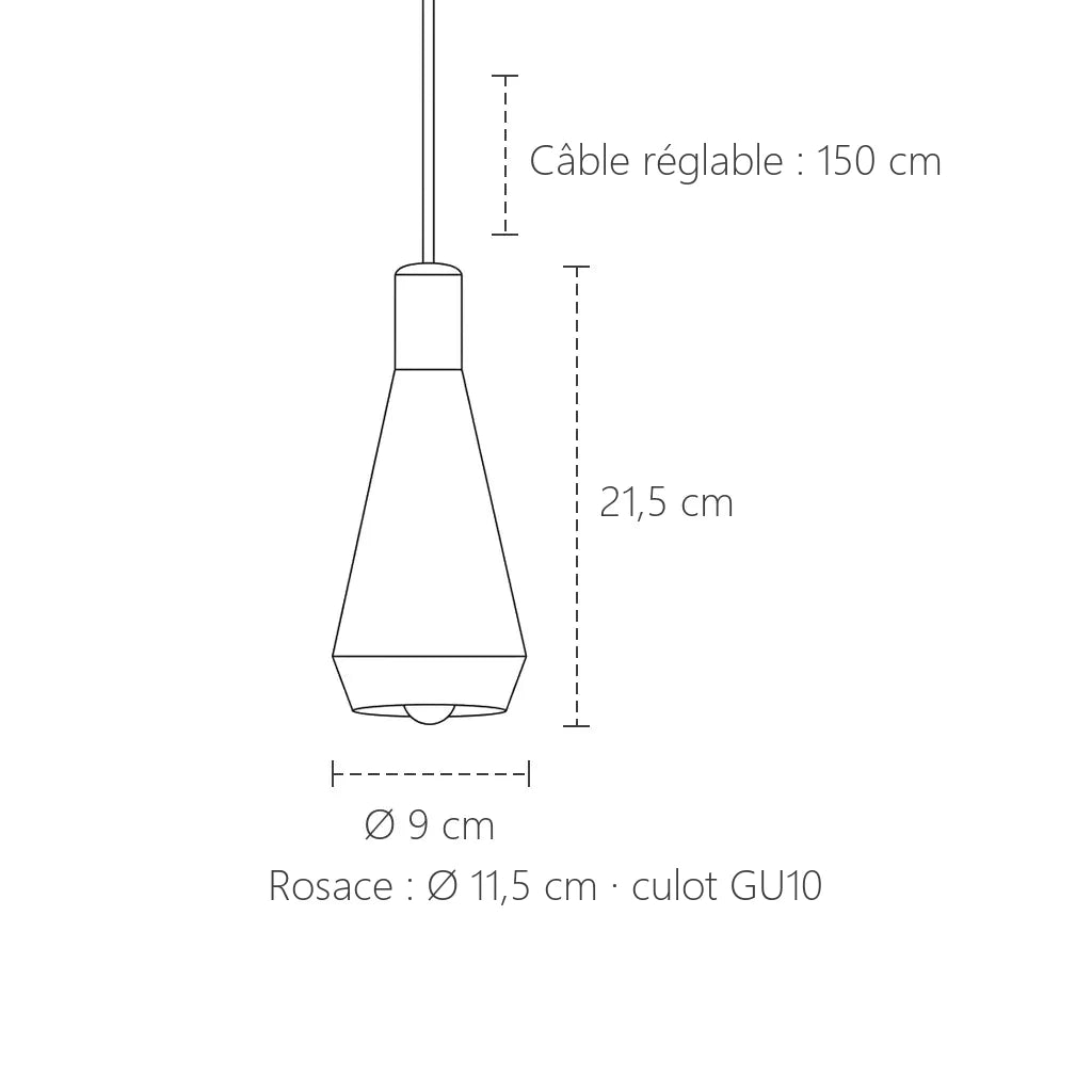 Dimensions de la suspension cône GU10 : Ø 9 cm, 21,5 cm de haut