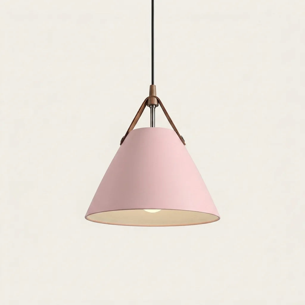Suspension cône en métal rose à sangle en cuir