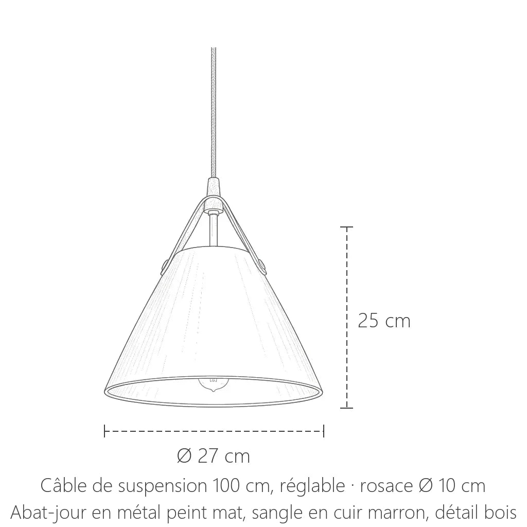 Dimensions de la suspension cône en métal à sangle en cuir : Ø 27 cm, hauteur 25 cm