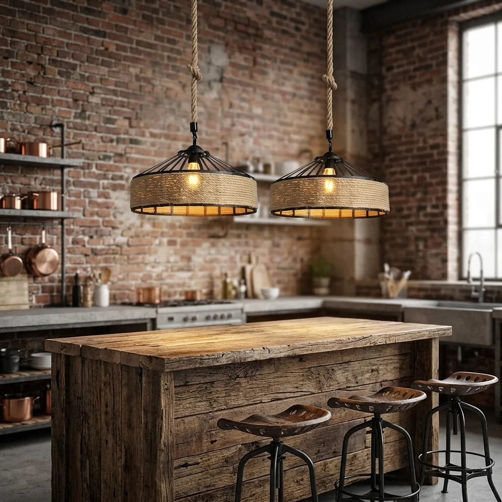 Suspensions en corde de chanvre dans une cuisine loft rustique