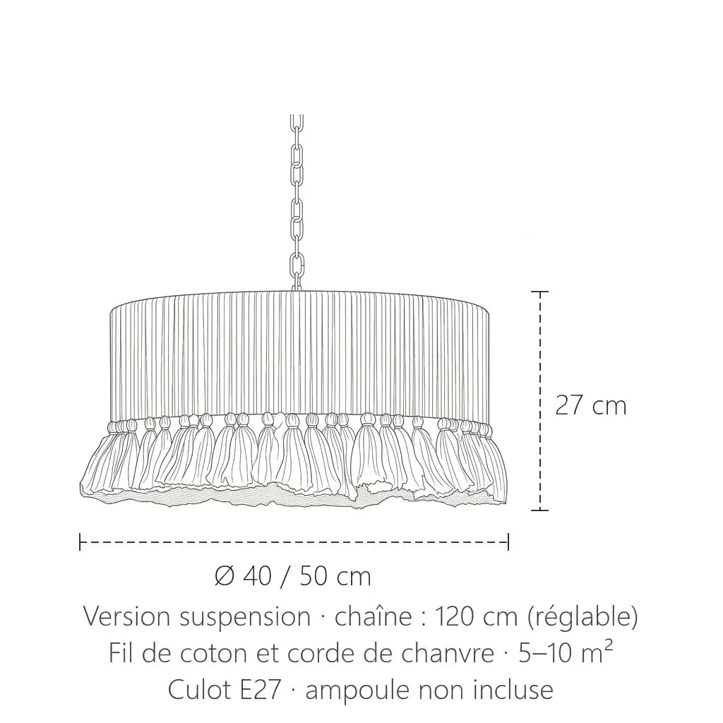Dimensions de la suspension corde à franges, modèle A : Ø 40 ou 50 cm, 27 cm de haut