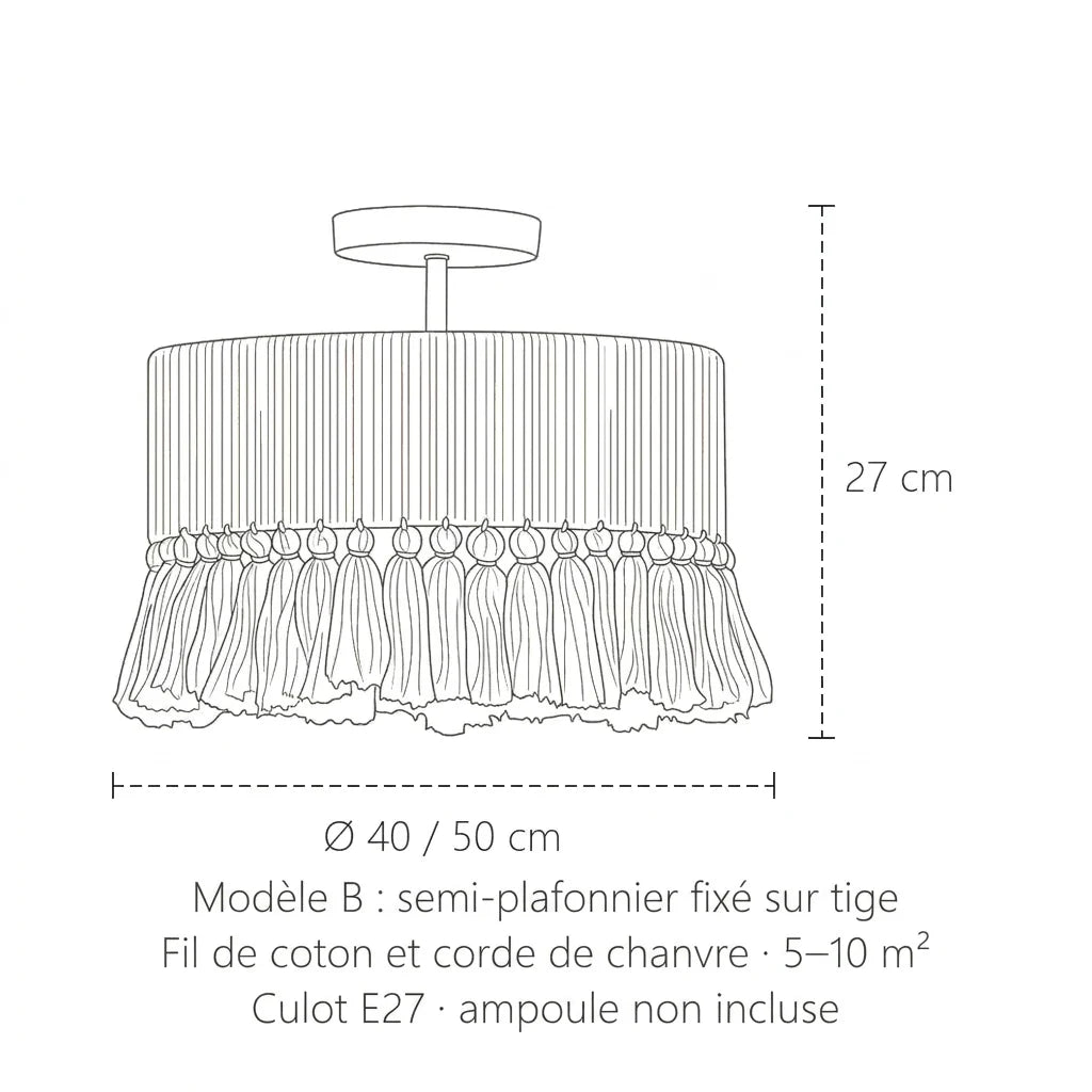 Dimensions du semi-plafonnier corde à franges, modèle B : Ø 40 ou 50 cm, 27 cm de haut
