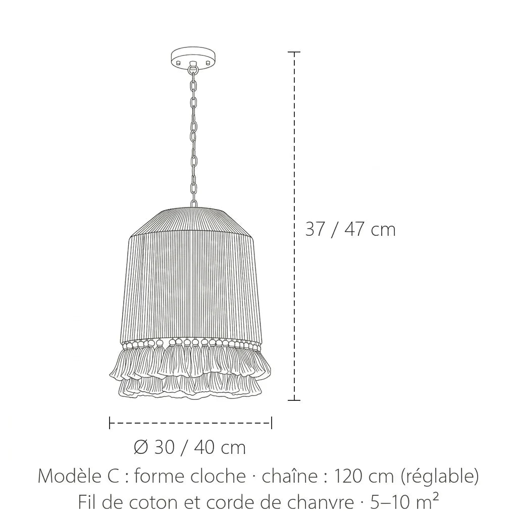 Dimensions de la suspension corde à franges, modèle C : Ø 30 ou 40 cm, 37 ou 47 cm de haut
