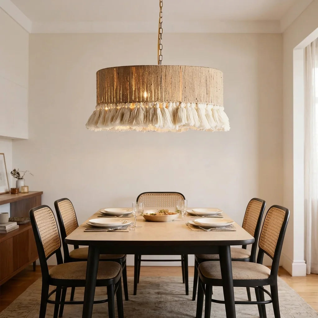 Suspension en corde à franges au-dessus d’une table à manger