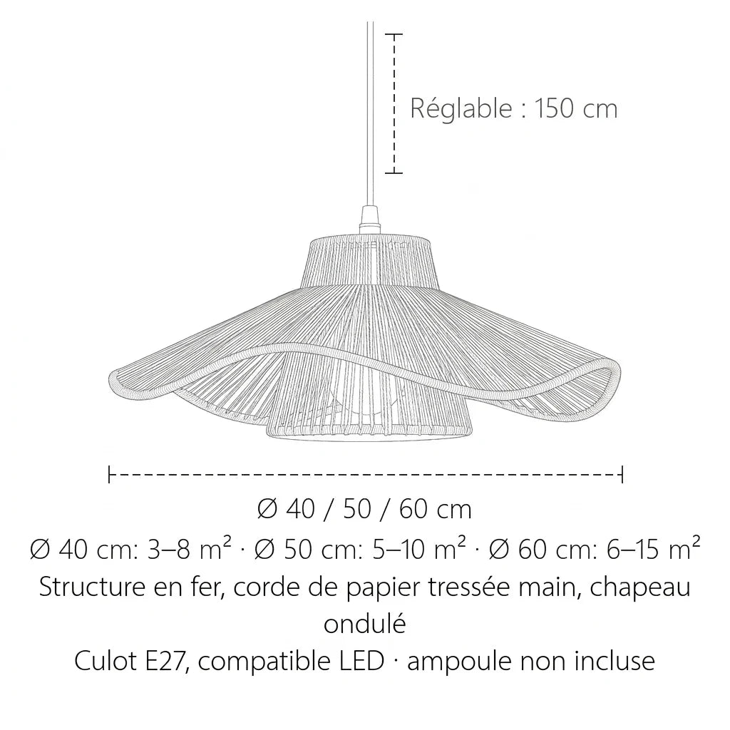 Dimensions de la suspension en corde de papier : Ø 40, 50 ou 60 cm
