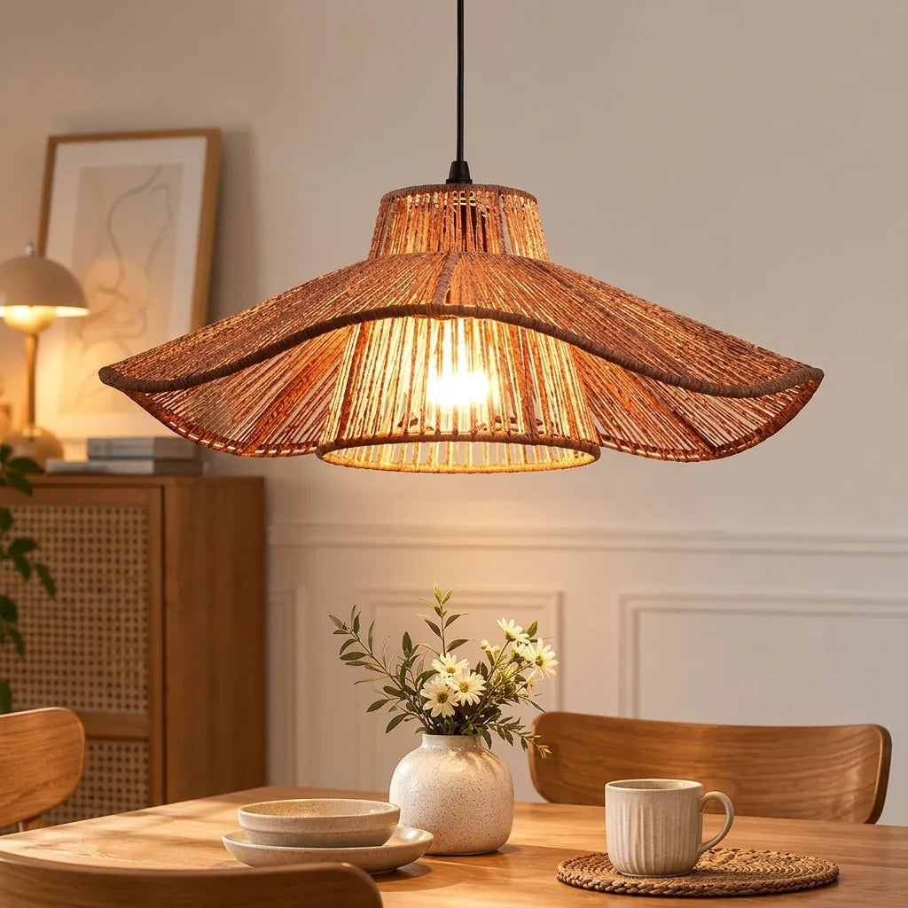 Suspension en corde de papier au-dessus d’une table en bois