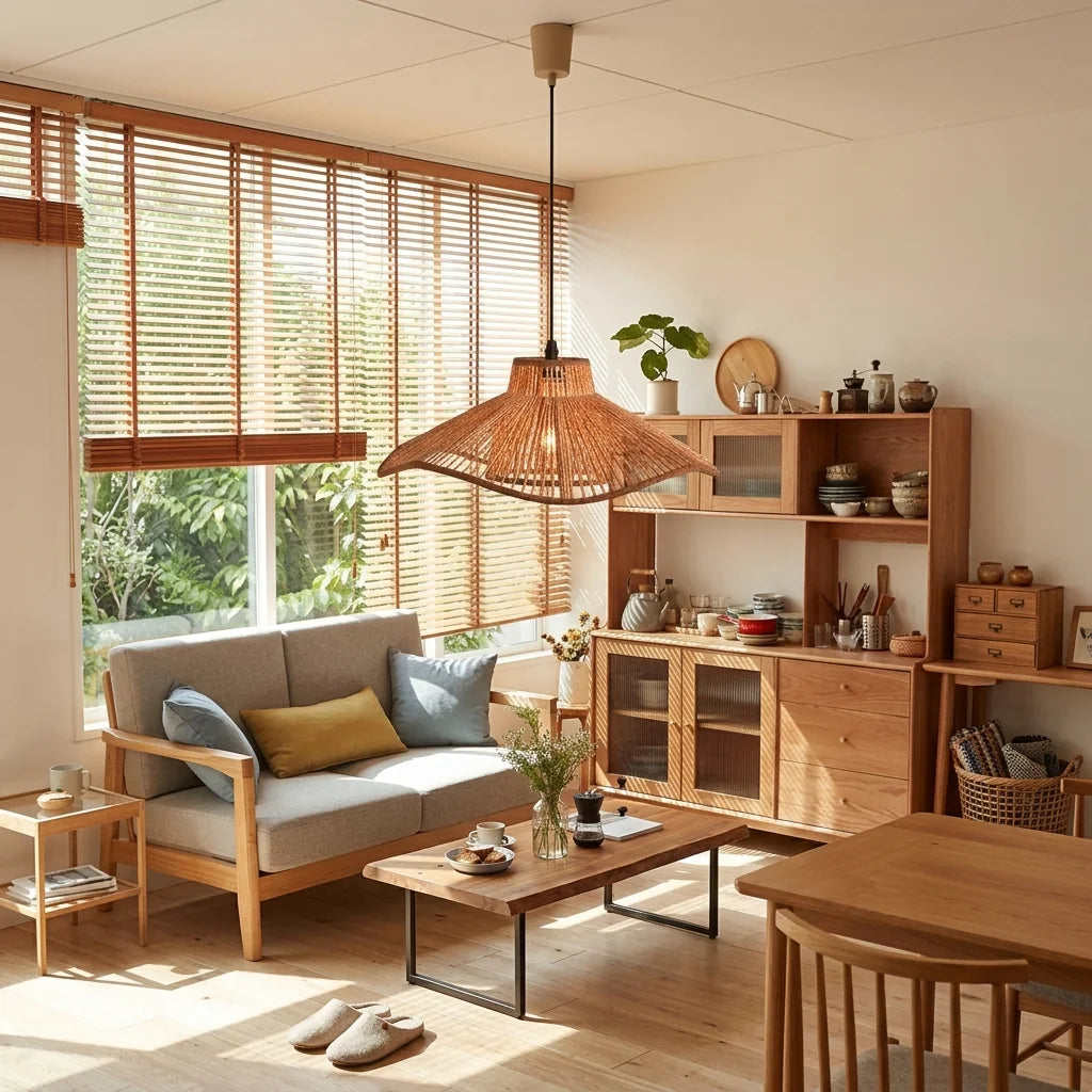 Suspension chapeau tressée dans un salon japonisant ensoleillé