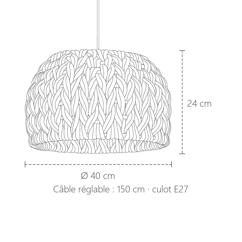 Dimensions de la suspension en corde tricotée : Ø 40 cm, 24 cm de haut