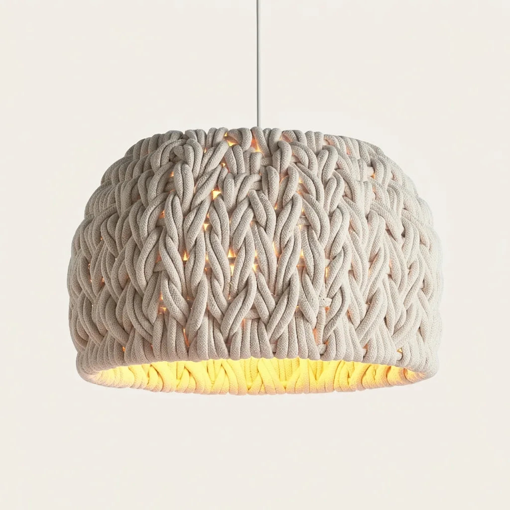 Suspension en corde tricotée main, lumière chaude