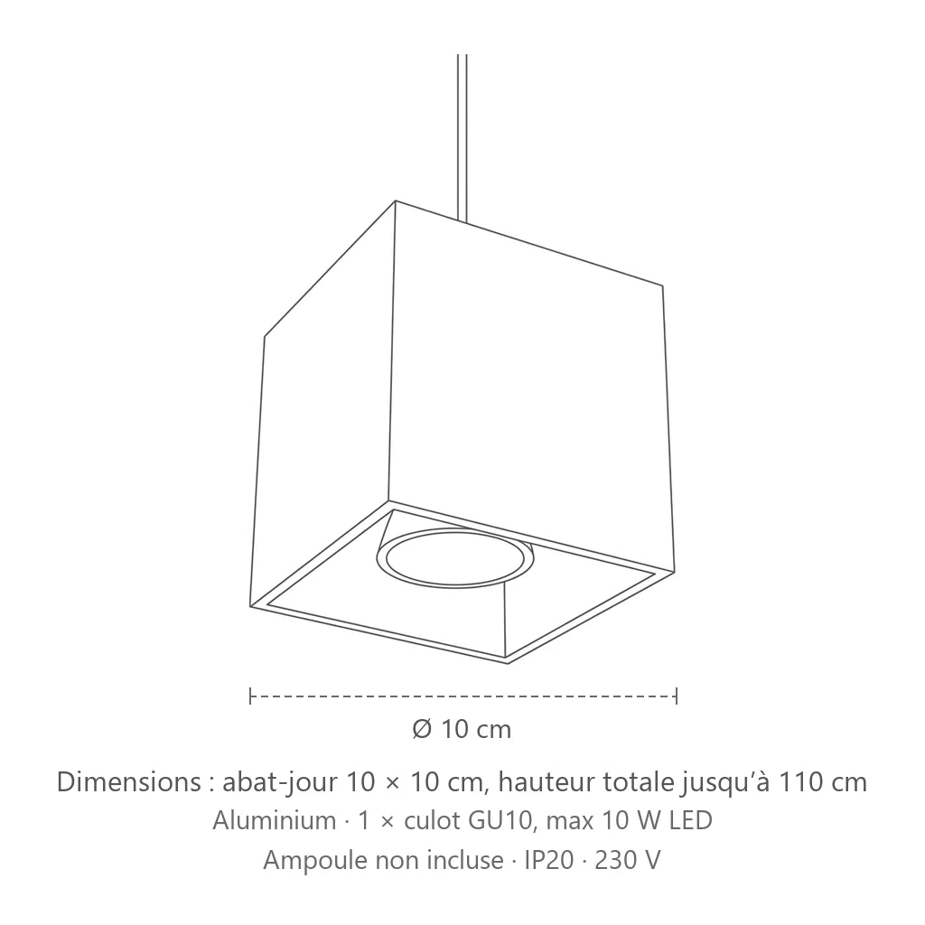 Dimensions : suspension cube minimaliste en aluminium, abat-jour 10 × 10 cm, hauteur totale jusqu’à 110 cm