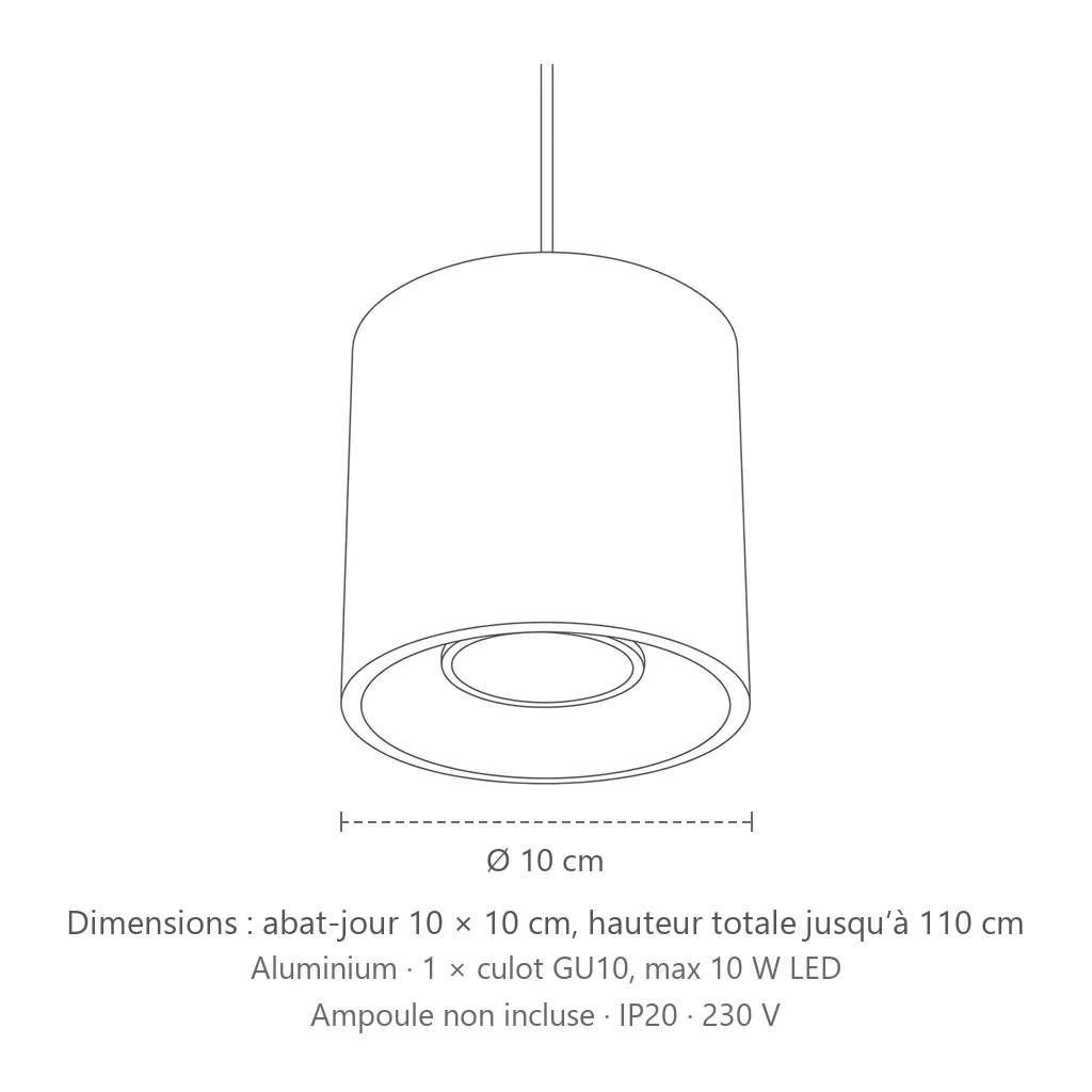 Dimensions : suspension cylindre minimaliste en aluminium, abat-jour 10 × 10 cm, hauteur totale jusqu’à 110 cm