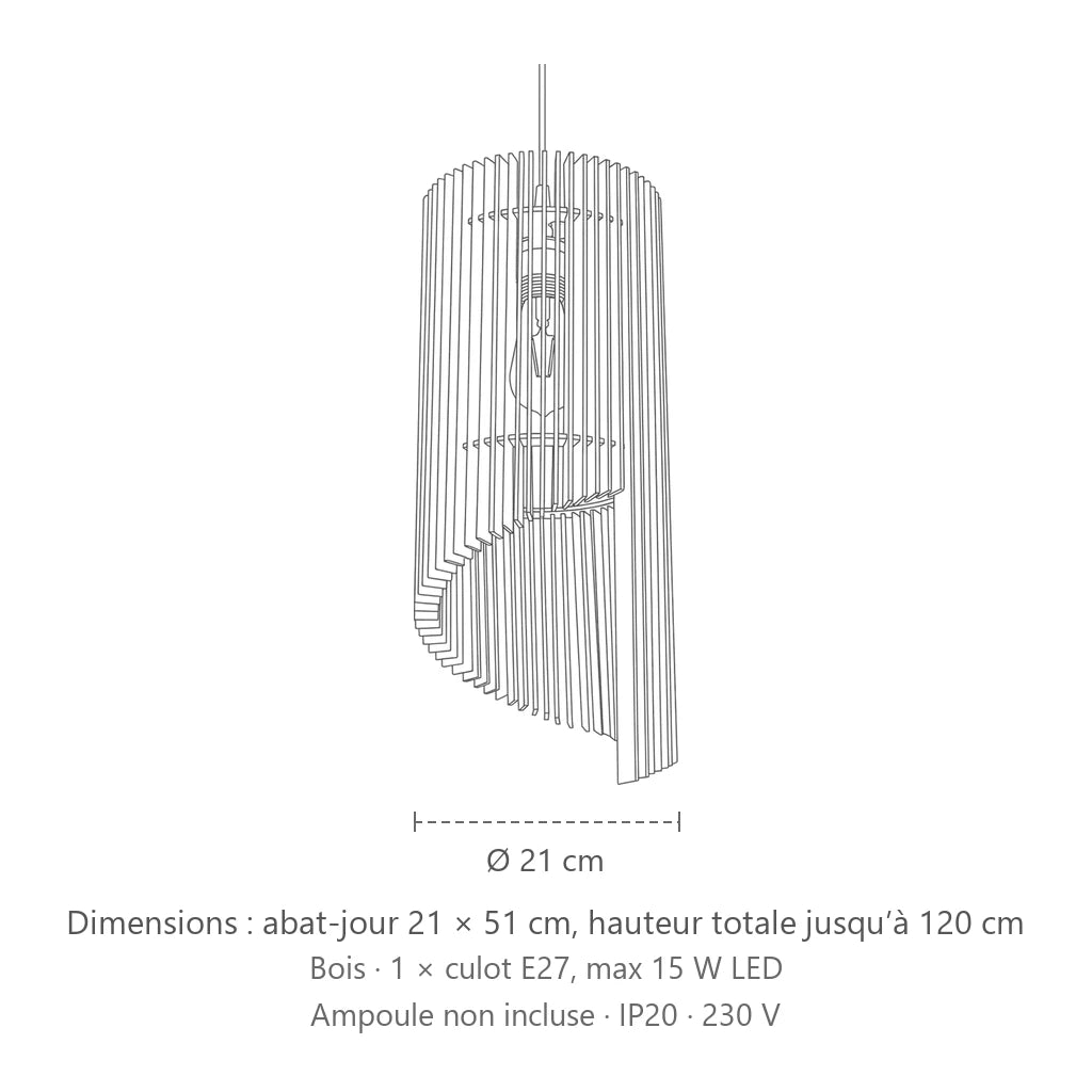 Dimensions : suspension cylindre en lamelles de bois, abat-jour 21 × 51 cm, hauteur totale jusqu’à 120 cm