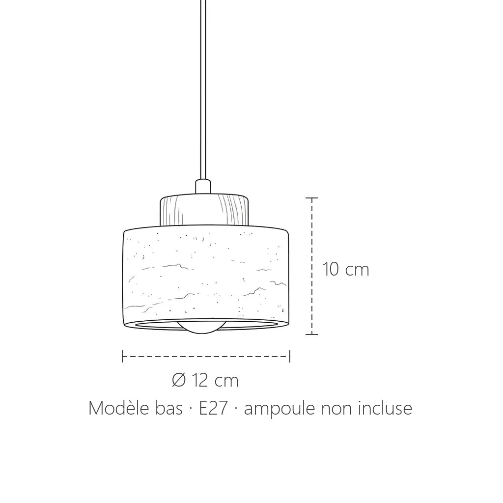 Dimensions de la suspension cylindre en travertin, modèle bas : Ø 12 cm, 10 cm de haut