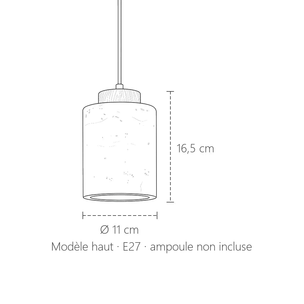 Dimensions de la suspension cylindre en travertin, modèle haut : Ø 11 cm, 16,5 cm de haut