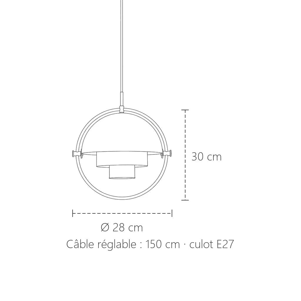 Dimensions de la suspension à demi-sphères pivotantes : Ø 28 cm, 30 cm de haut