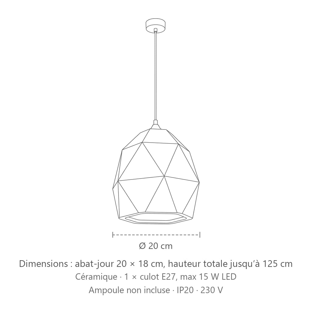Dimensions : suspension diamant en céramique blanche, abat-jour 20 × 18 cm, hauteur totale jusqu’à 125 cm