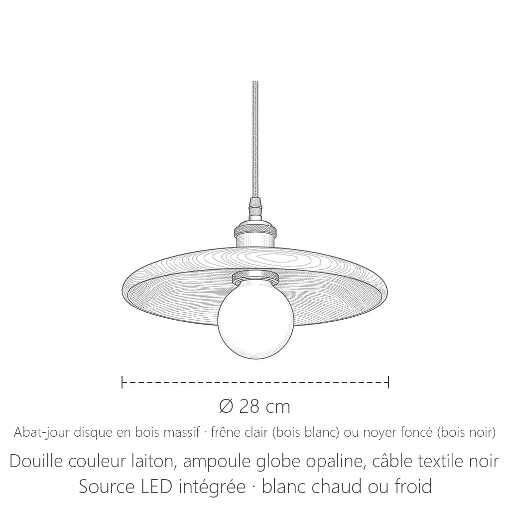 Dimensions de la suspension disque en bois et globe opalin : Ø 28 cm