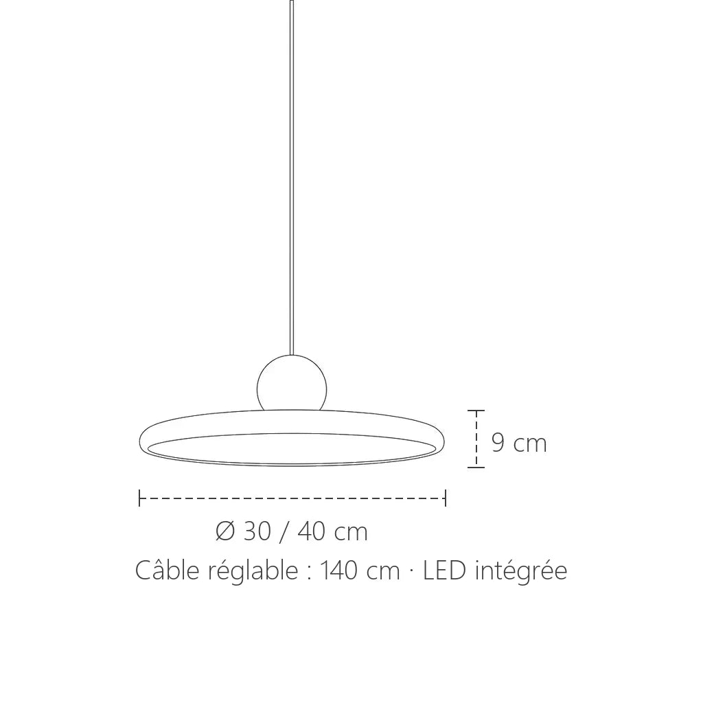 Dimensions de la suspension disque LED : Ø 30 ou 40 cm, 9 cm de haut
