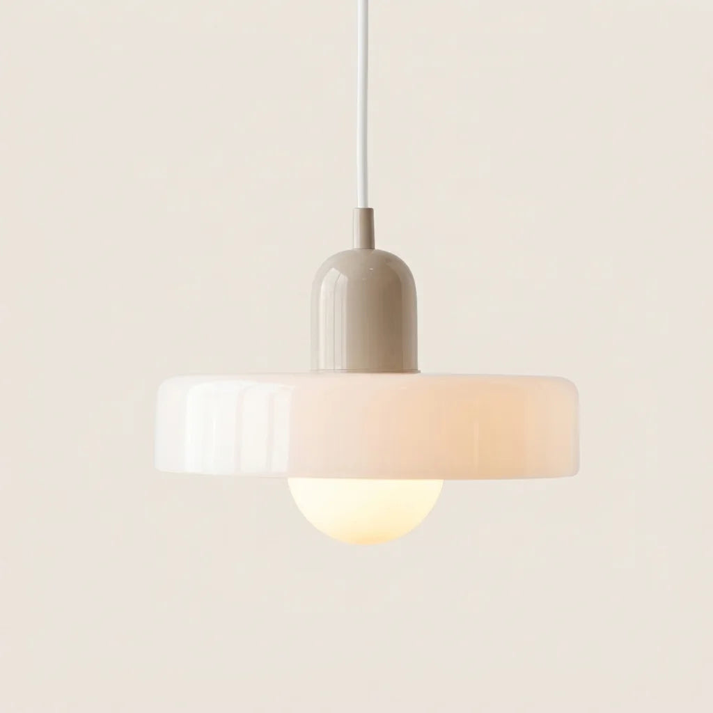 Suspension disque de verre blanc et douille beige
