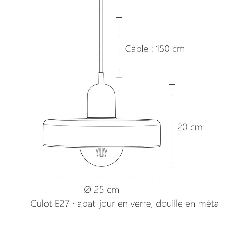 Dimensions de la suspension disque de verre coloré : Ø 25 cm, 20 cm de haut
