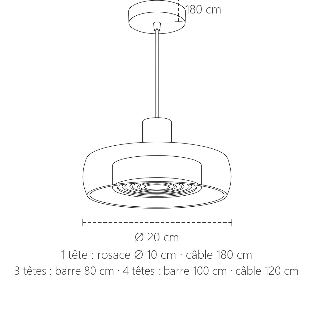 Dimensions de la suspension disque en verre fumé : Ø 20 cm