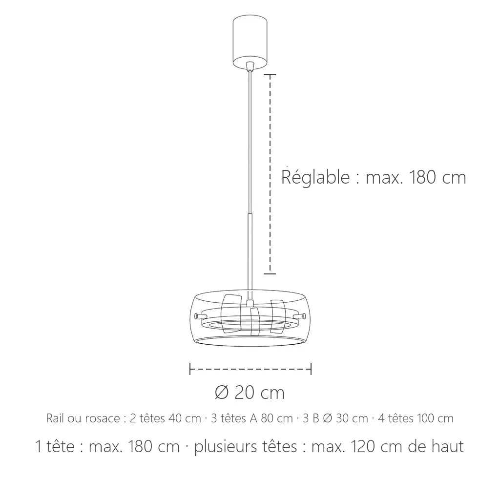 Dimensions de la suspension disque de verre LED : Ø 20 cm, câble jusqu’à 180 cm