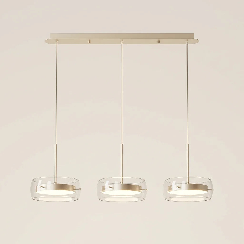 Suspension LED à trois globes de verre sur rail crème