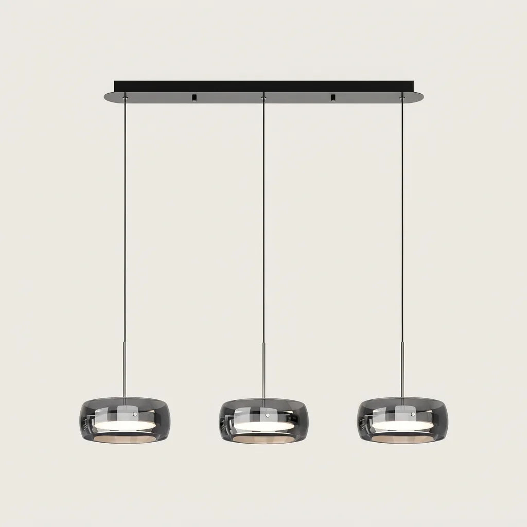 Suspension LED à trois globes en verre fumé sur rail noir